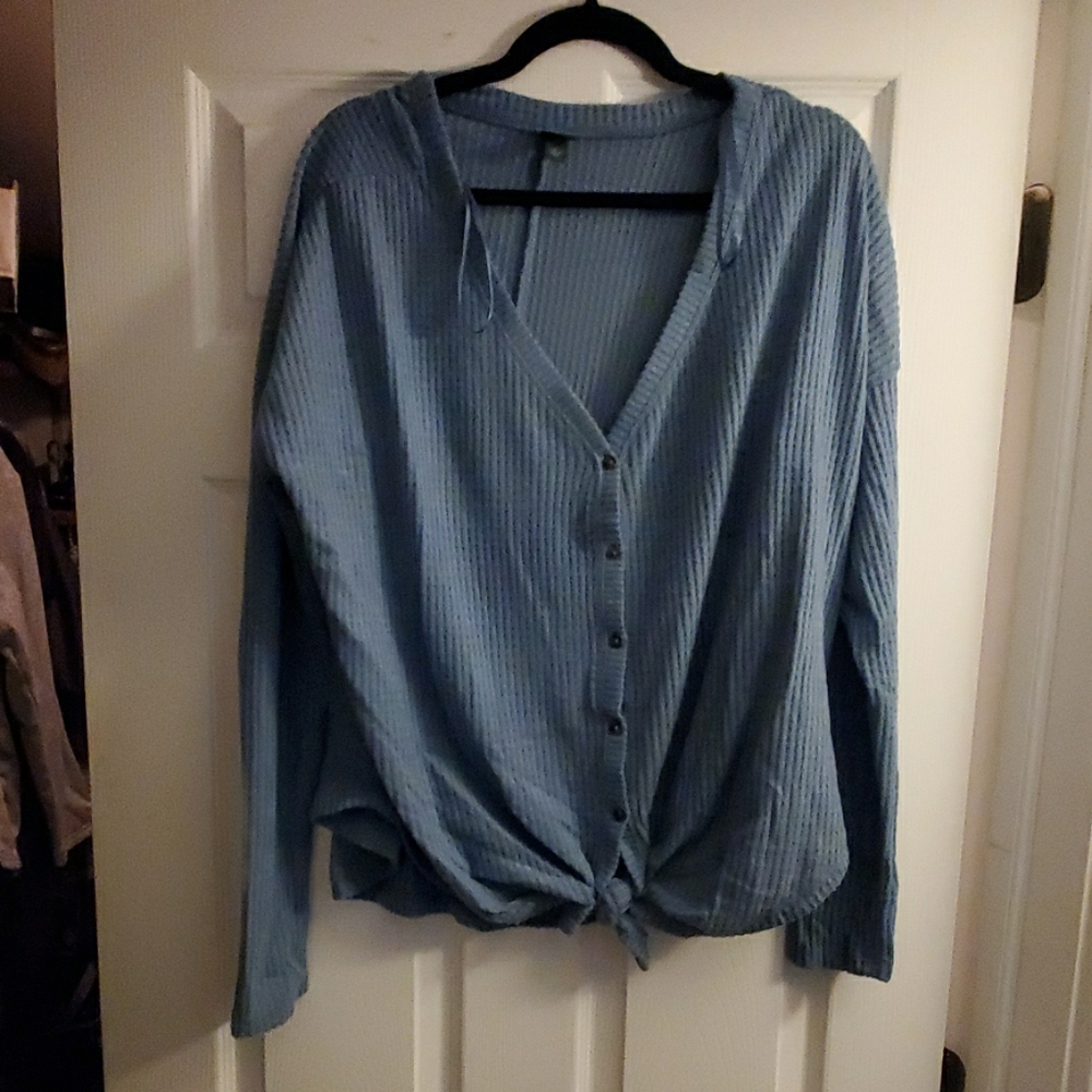 Slate blue waffle front tie shirt